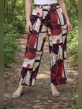 Simple Life Burgundy White Wide Leg Pants Abstract Pattern Medium